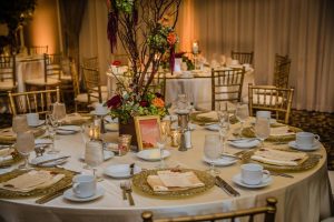 Gold and White Wedding Reception Table Set Up at Rosen Centre