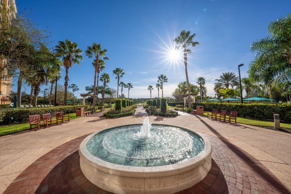 A bubbling outdoor fountain in the foreground with a shrub-lined path and tall palm trees in the background.