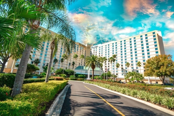 The front exterior entrance of a large hotel with two wings, surrounded by palm trees and blue sky.