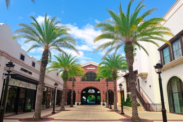 A brick portico flanked by storefronts and palm trees at Disney Springs.