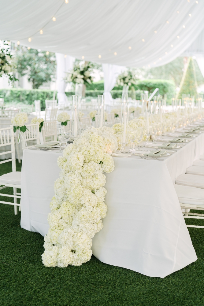 A cascade of white hydrangeas falling down the side of a long table with white linens set under a tent for a wedding.