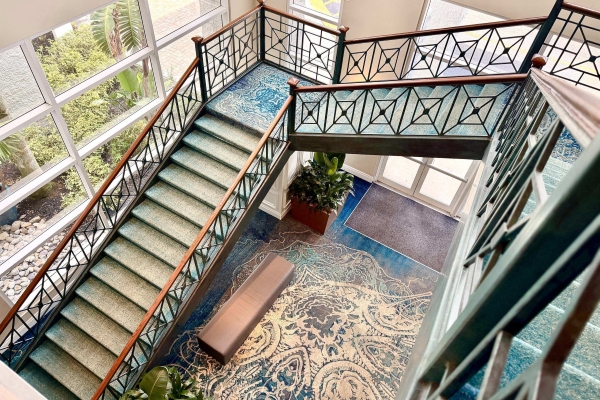 An overhead shot of the grand staircase at Rosen Plaza, a great spot for wedding photos.