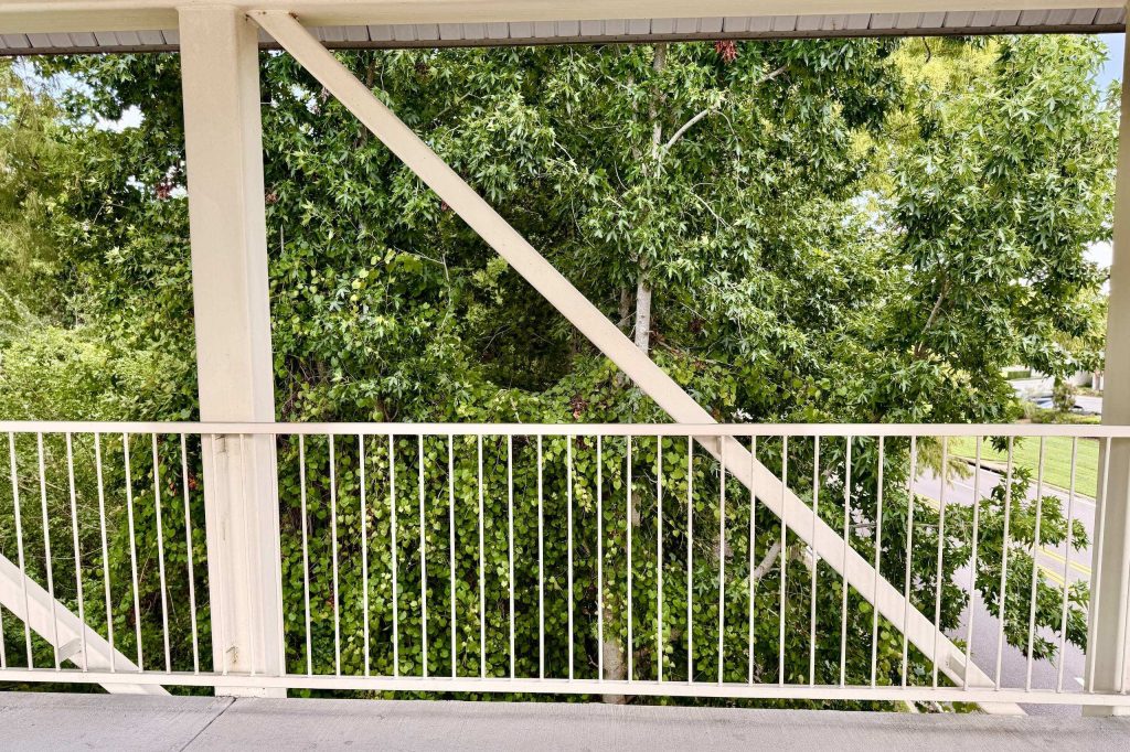 Angular beams and a white railing against a backdrop of trees along the Skybridge at Rosen Plaza.