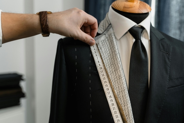 A man’s hand holds a tape measure against the lapel of a black suit with a white shirt and black tie on a mannequin. 