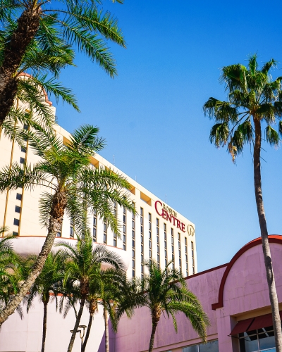 The corner of a building tower that reads “Rosen Centre” surrounded by palm trees. 