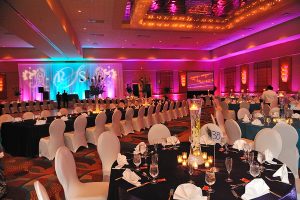 Rosen Centre wedding reception table set up and spotlights