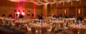 White table cloths, white chairs, flower center pieces in ballroom
