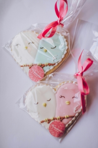 Two sugar cookies decorated to look like lovebirds wrapped in cellophane with a pink ribbon. A beautifully decorated cookie is a great idea for a bridesmaid proposal.