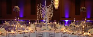 White and purple table setup